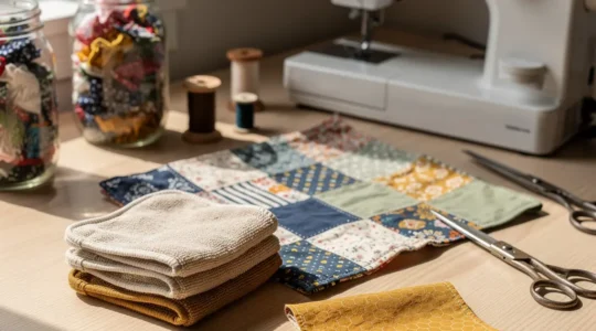 Composition d'accessoires zéro déchet cousus main avec tissus colorés et matériel de couture sur table en bois