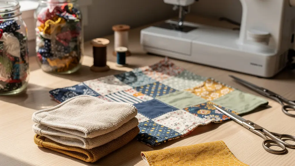 Composition d'accessoires zéro déchet cousus main avec tissus colorés et matériel de couture sur table en bois