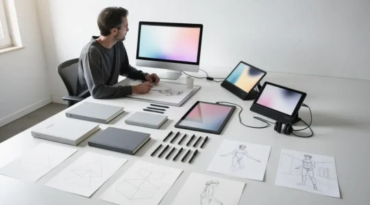 Artiste regardant un écran avec différents styles de dessin sur des tablettes graphiques et carnets éparpillés
