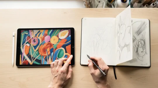 Artiste en pleine création utilisant à la fois une tablette numérique et un carnet de croquis sur un bureau éclairé naturellement