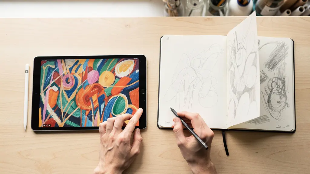 Artiste en pleine création utilisant à la fois une tablette numérique et un carnet de croquis sur un bureau éclairé naturellement