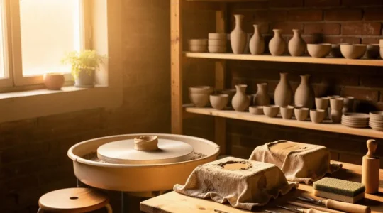 Atelier de céramique intime avec tour de potier, argile et outils dans un espace de 20m²