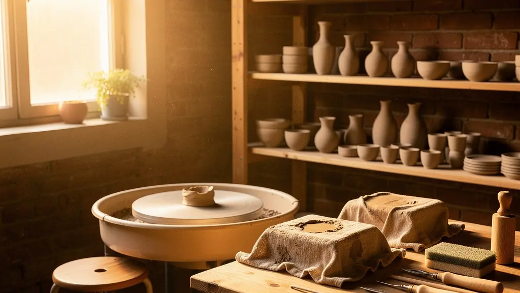 Atelier de céramique intime avec tour de potier, argile et outils dans un espace de 20m²