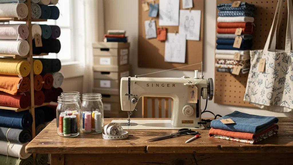 Vue d'ensemble d'un atelier de couture artisanal avec créations zéro déchet exposées