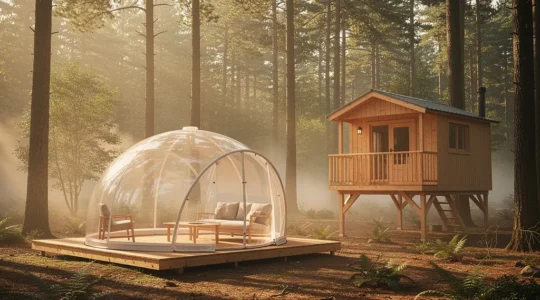 Vue panoramique d'une bulle transparente et d'une cabane en bois nichées dans une forêt au crépuscule