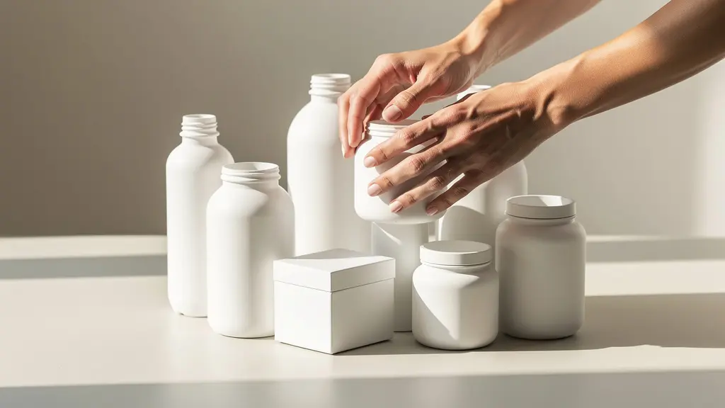 Collection d'objets recyclés peints uniformément en blanc mat disposés avec élégance