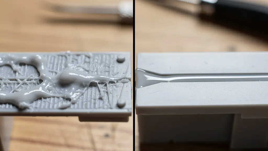 Comparaison visuelle entre colle fluide et gel sur assemblage de maquette