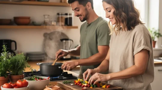 Couple préparant ensemble un plat dans une cuisine chaleureuse avec des ingrédients frais et une ambiance douce