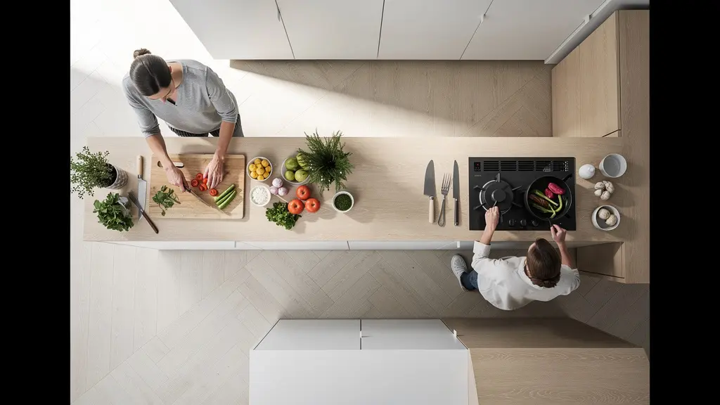Vue aérienne d'un couple s'organisant efficacement dans une petite cuisine
