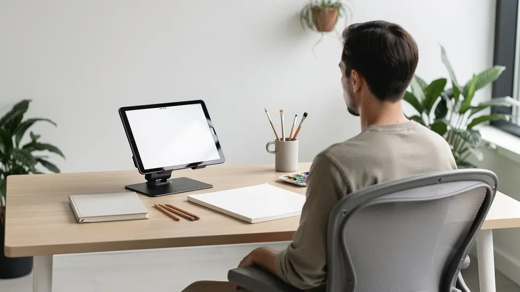 Vue d'ensemble d'un poste de travail ergonomique pour artiste numérique avec support incliné
