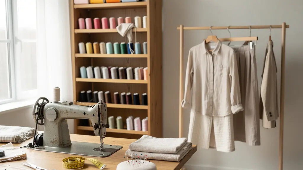 Atelier de couture lumineux avec tissus colorés et vêtements faits main suspendus