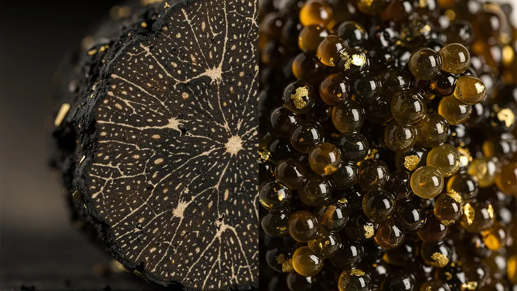 Gros plan macro sur truffe et caviar révélant leurs textures uniques