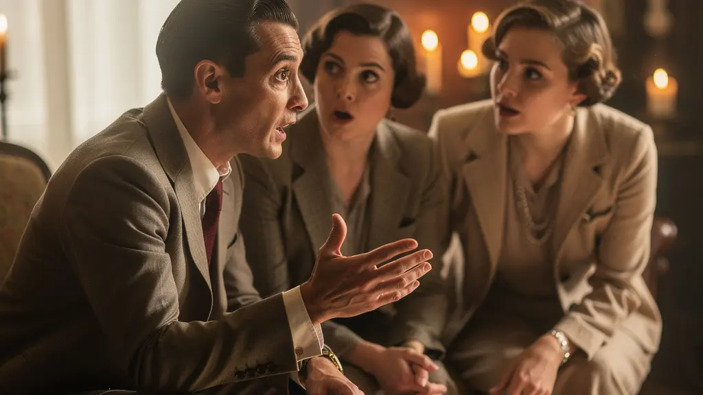 Groupe de joueurs en costumes interagissant lors d'une murder party