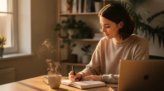 Personne pratiquant le journaling dans un environnement apaisant pour réduire sa charge mentale