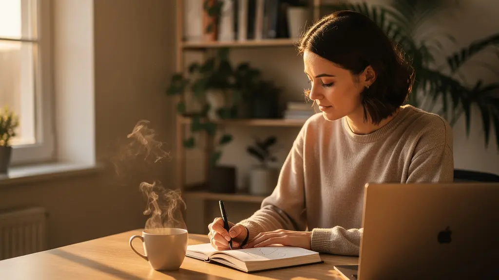 Personne pratiquant le journaling dans un environnement apaisant pour réduire sa charge mentale
