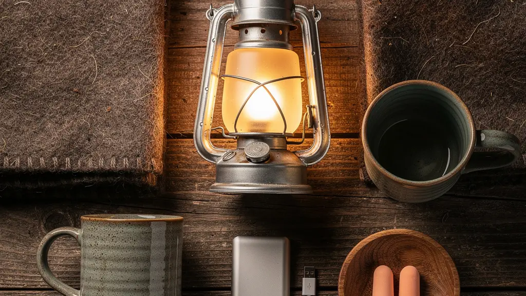 Arrangement d'objets essentiels pour une nuit en hébergement insolite disposés sur une surface en bois