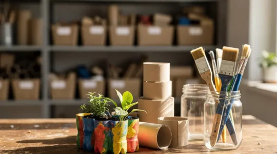 Atelier de loisirs créatifs avec matériaux recyclés disposés artistiquement sur une table en bois