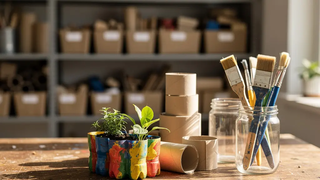 Atelier de loisirs créatifs avec matériaux recyclés disposés artistiquement sur une table en bois