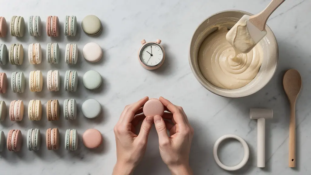 Mains expertes testant la texture d'une pâte à macaron avec une spatule