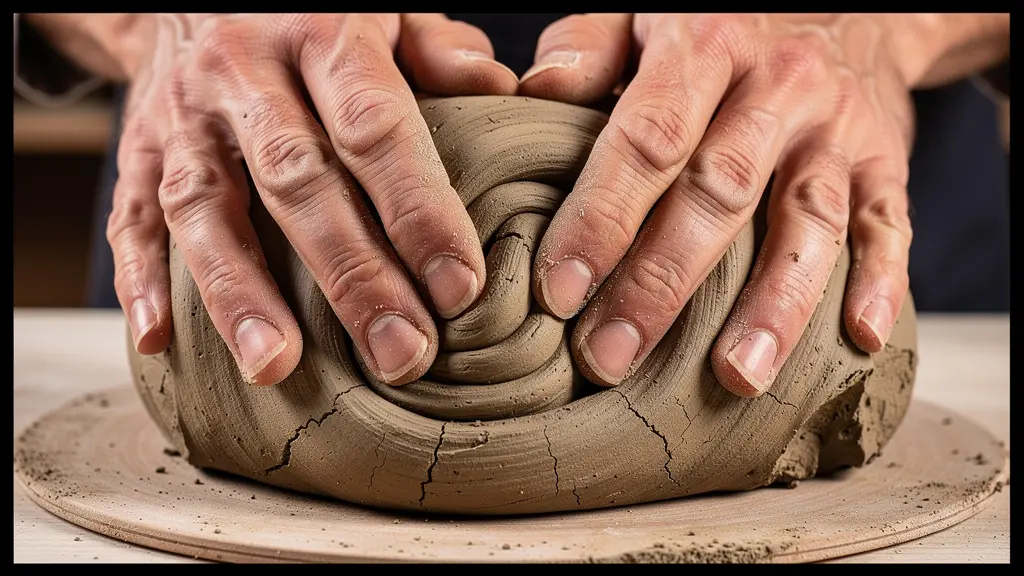 Gros plan sur des mains pétrissant de l'argile montrant la technique de la tête de bélier