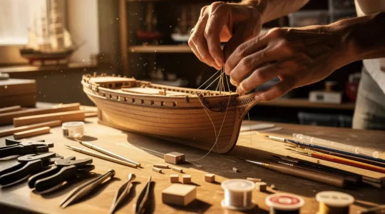 Un maquettiste concentré assemble minutieusement un navire en bois avec patience et précision