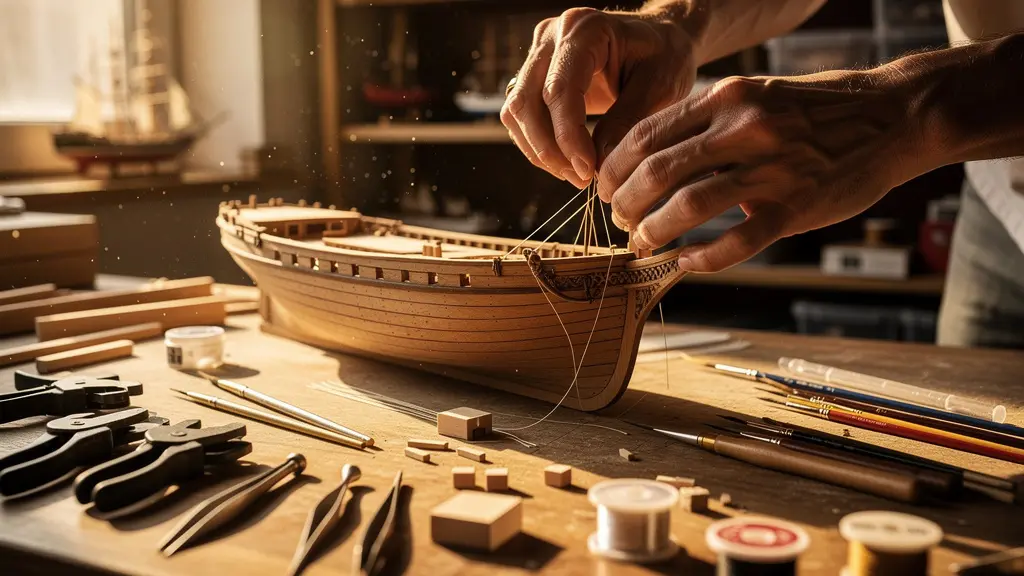 Un maquettiste concentré assemble minutieusement un navire en bois avec patience et précision