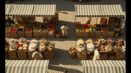 Scène de marché français avec producteurs locaux vendant leurs produits artisanaux