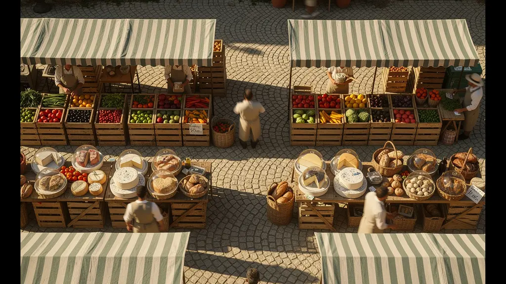 Scène de marché français avec producteurs locaux vendant leurs produits artisanaux