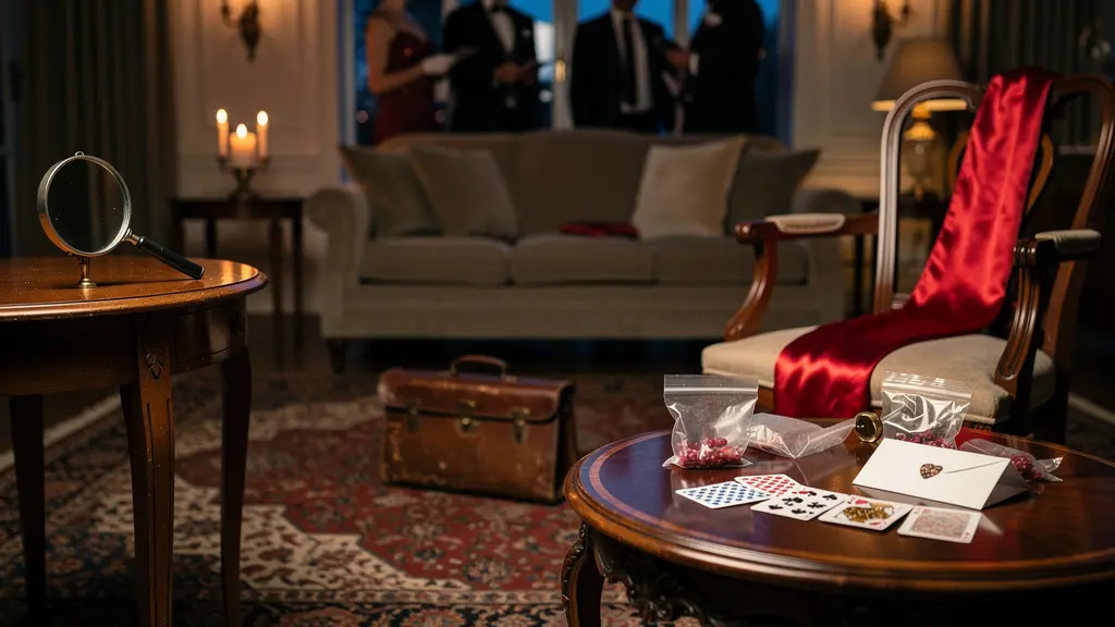 Salon transformé en scène de crime avec indices et ambiance mystérieuse pour une murder party à la maison