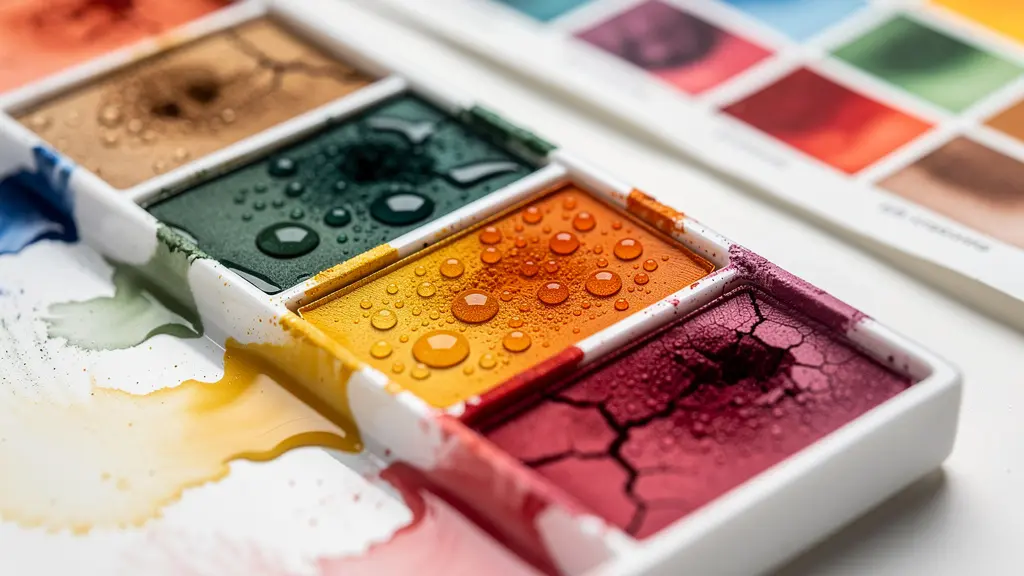 Vue macro d'une palette d'aquarelle avec 6 godets de couleurs primaires et une roue chromatique peinte montrant les mélanges possibles