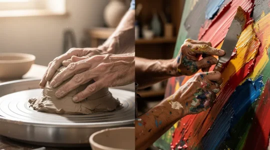 Mains travaillant l'argile et palette de peinture côte à côte, expression de la catharsis émotionnelle par l'art