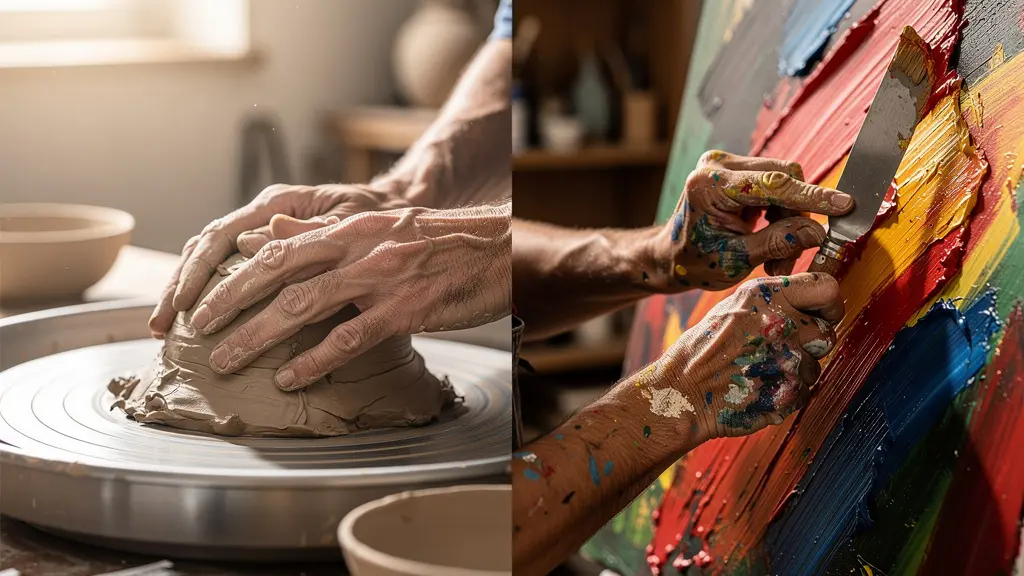 Mains travaillant l'argile et palette de peinture côte à côte, expression de la catharsis émotionnelle par l'art