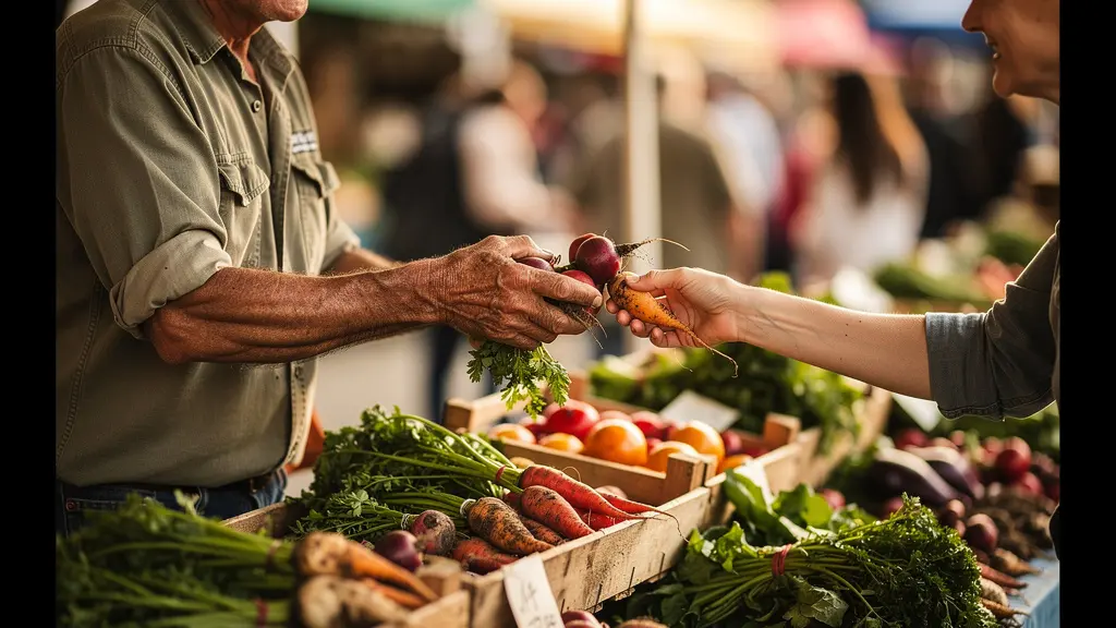 Agriculteur vendant ses légumes directement aux clients sur un marché local
