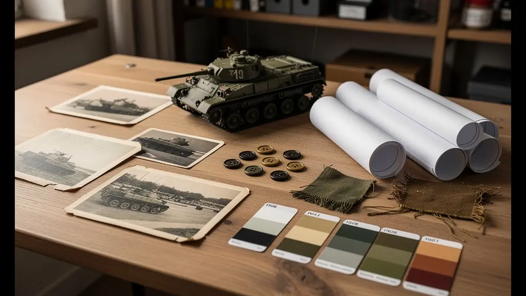 Bureau d'étude avec documentation historique pour éviter les anachronismes en maquettisme