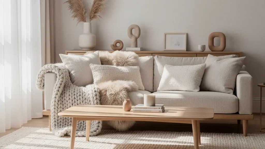 Salon scandinave chaleureux avec textures douces, lumière tamisée et éléments naturels créant une ambiance hygge