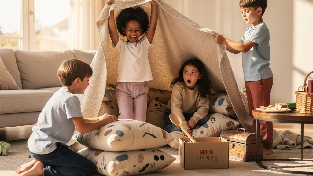 Enfants construisant une cabane avec des coussins dans un salon lumineux