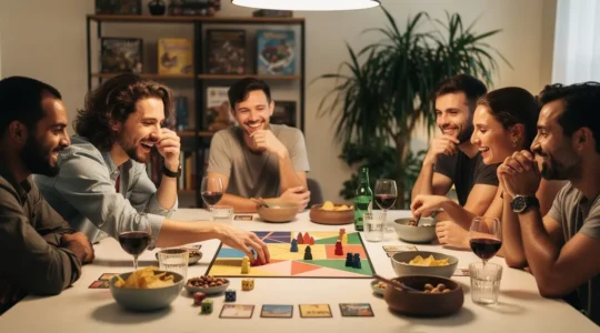 Groupe d'amis autour d'une table de jeu lors d'une soirée ludique