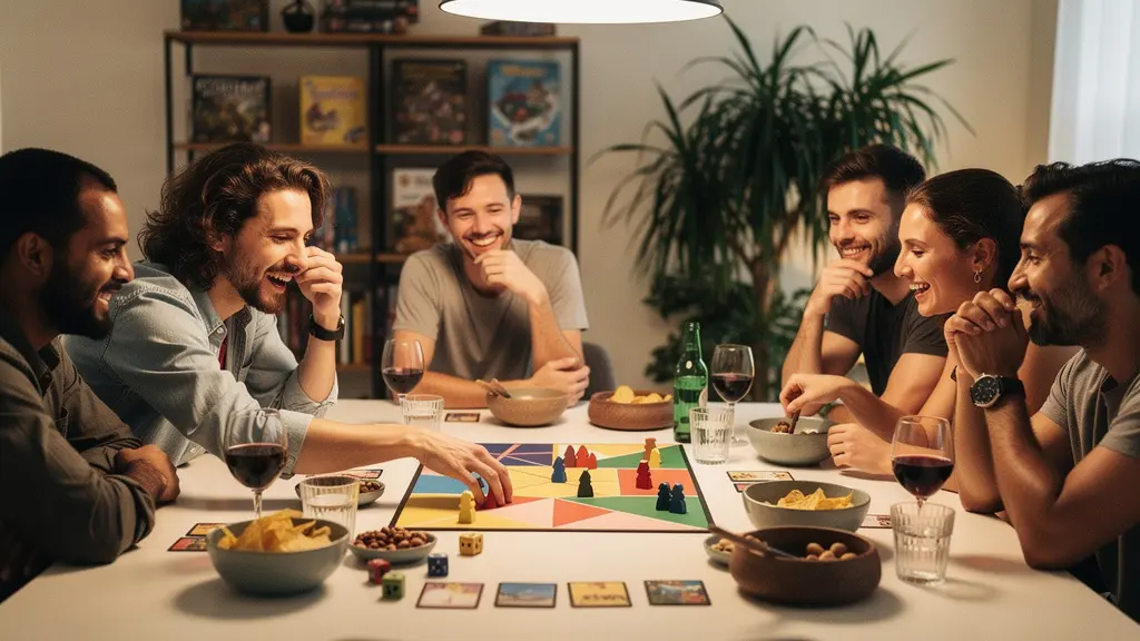 Groupe d'amis autour d'une table de jeu lors d'une soirée ludique