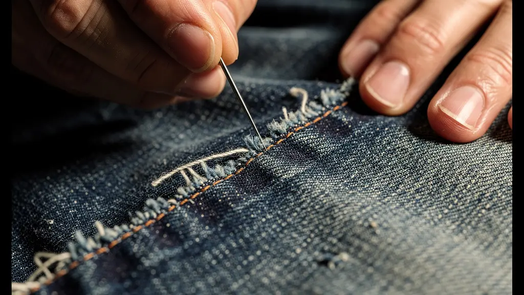 Gros plan sur des mains cousant un tissu recyclé avec des détails de texture visibles