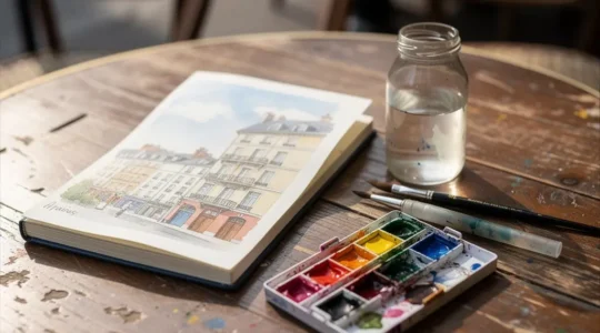 Un carnet de croquis ouvert avec une palette d'aquarelle compacte et quelques pinceaux à réservoir posés sur une table de café en terrasse
