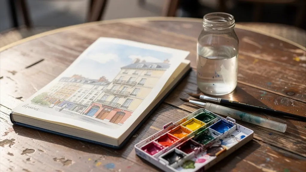 Un carnet de croquis ouvert avec une palette d'aquarelle compacte et quelques pinceaux à réservoir posés sur une table de café en terrasse