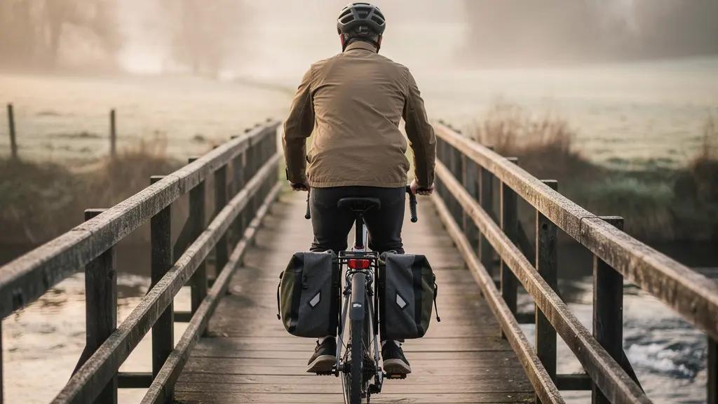 Cycliste avec sacoches traversant un pont en bois dans la campagne française au lever du soleil