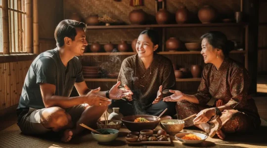 Voyageurs partageant un repas traditionnel avec une famille locale en Asie, moment de connexion authentique