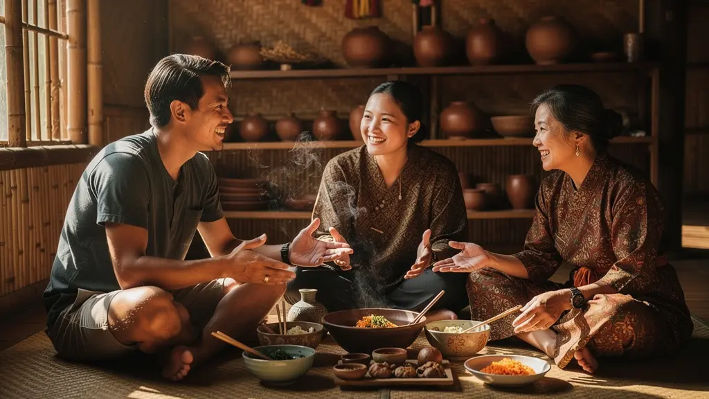 Voyageurs partageant un repas traditionnel avec une famille locale en Asie, moment de connexion authentique