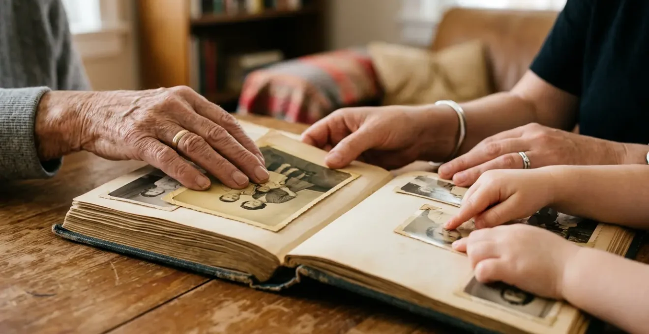 Mains de différentes générations feuilletant ensemble un album photo ancien sur une table en bois