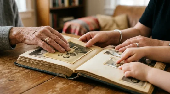 Mains de différentes générations feuilletant ensemble un album photo ancien sur une table en bois