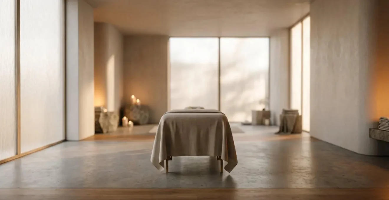 Ambiance apaisante avec lumière tamisée et espace minimaliste pour massage