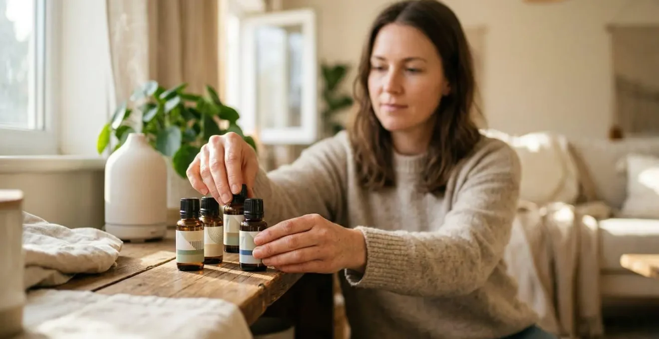 Scène apaisante d'aromathérapie familiale avec flacons d'huiles essentielles disposés avec précaution
