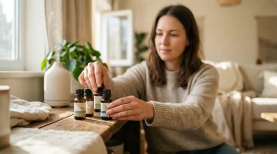 Scène apaisante d'aromathérapie familiale avec flacons d'huiles essentielles disposés avec précaution