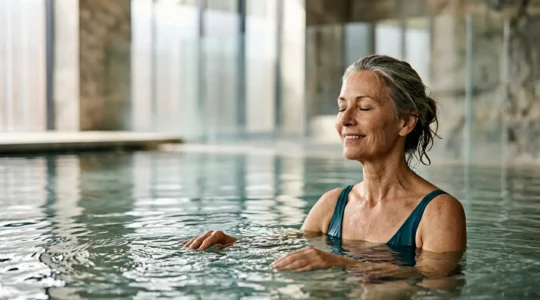 Personne profitant d'une séance de balnéothérapie dans un bassin thérapeutique pour soulager l'arthrose et les douleurs articulaires
